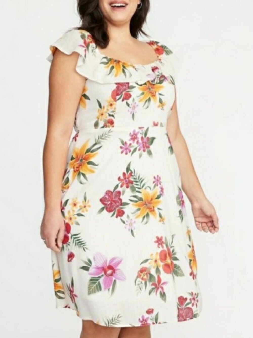 Old Navy White Tropical Floral Flutter Sweetheart Midi Dress